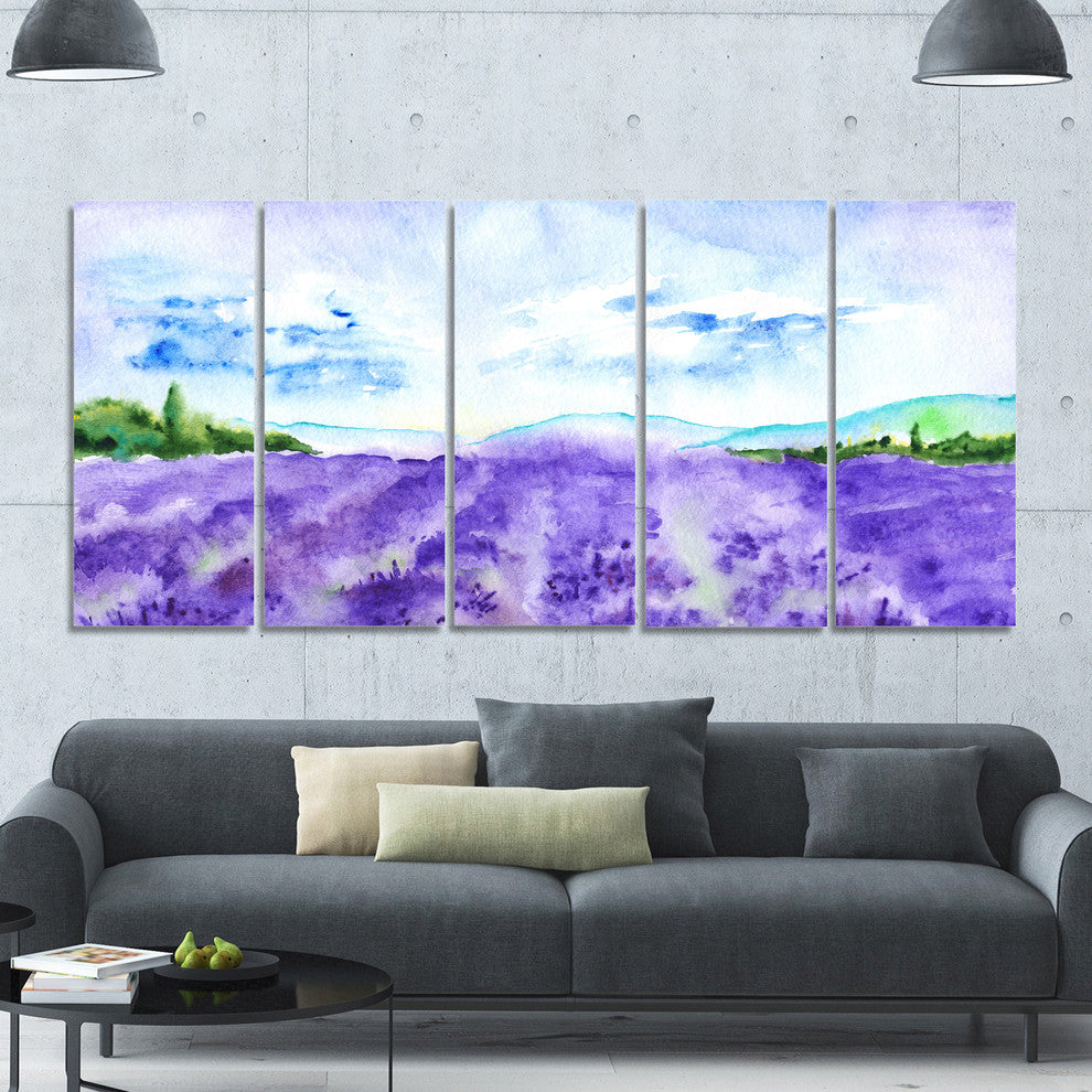 Blue Lavender Fields Watercolor, Landscape Canvas Art Print, 60"x28", 5 Panels