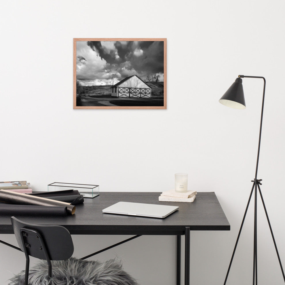 Aging Barn Morning Sun in Black and White Framed Photo Paper Wall Art Prints, Red Oak, 18" X 24"