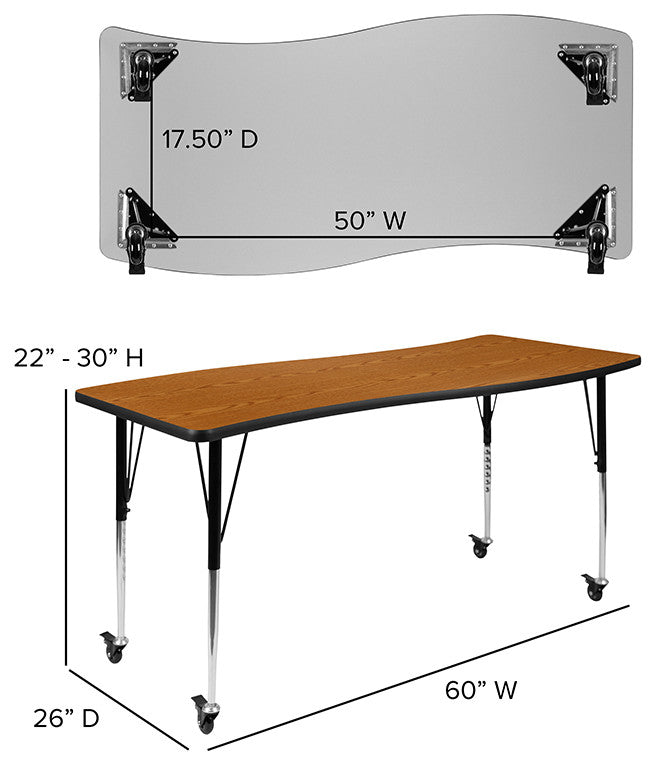 Mobile 26"x60" Wave Laminate Activity Table, Adjustable Short Legs, Oak