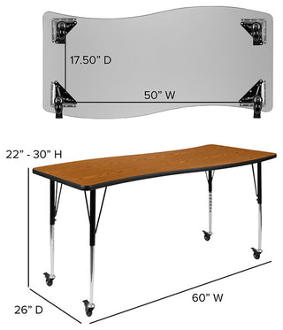 Mobile 26"x60" Wave Laminate Activity Table, Adjustable Short Legs, Oak