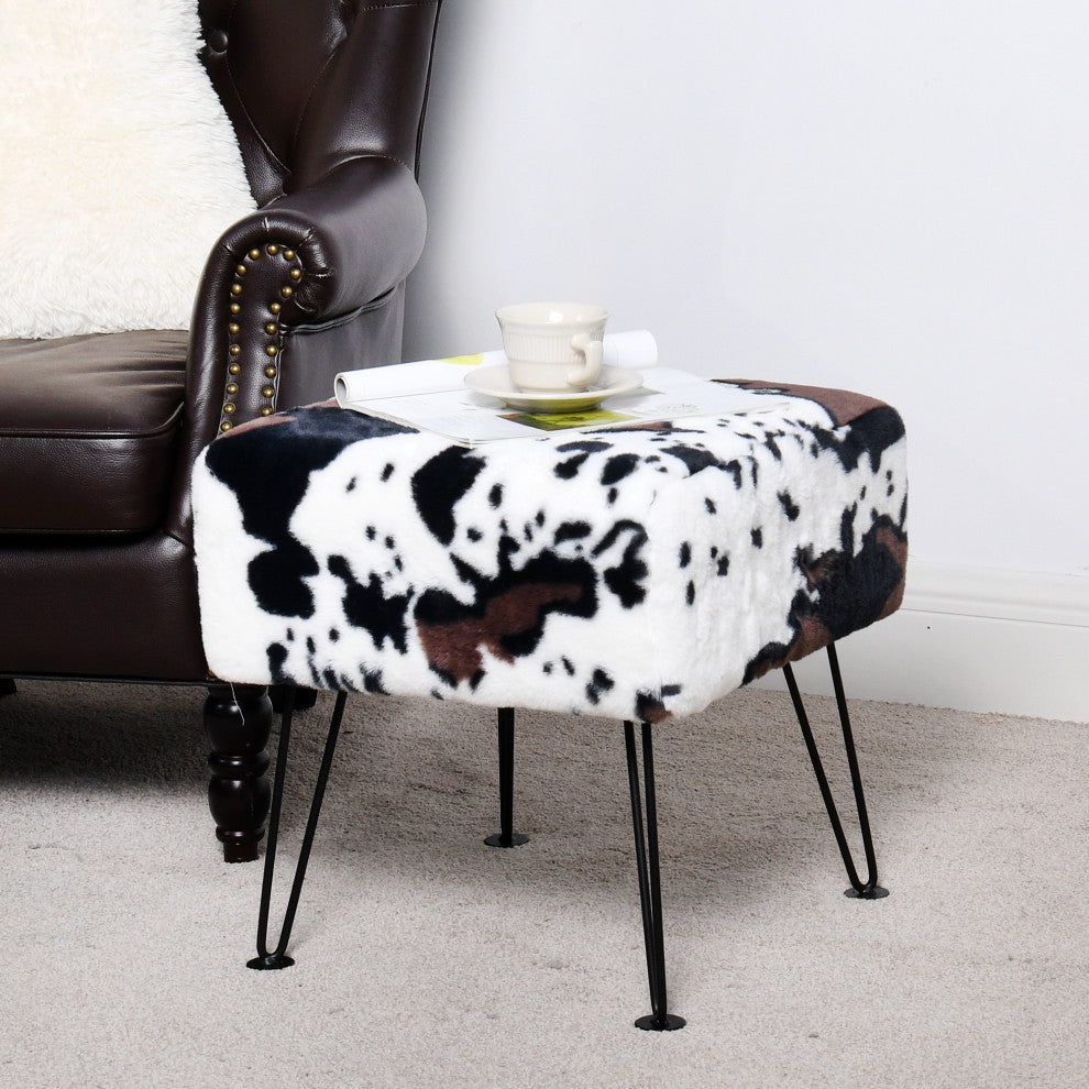 Animal Faux Fur Ottoman, Cows Flowers, 17x17x17