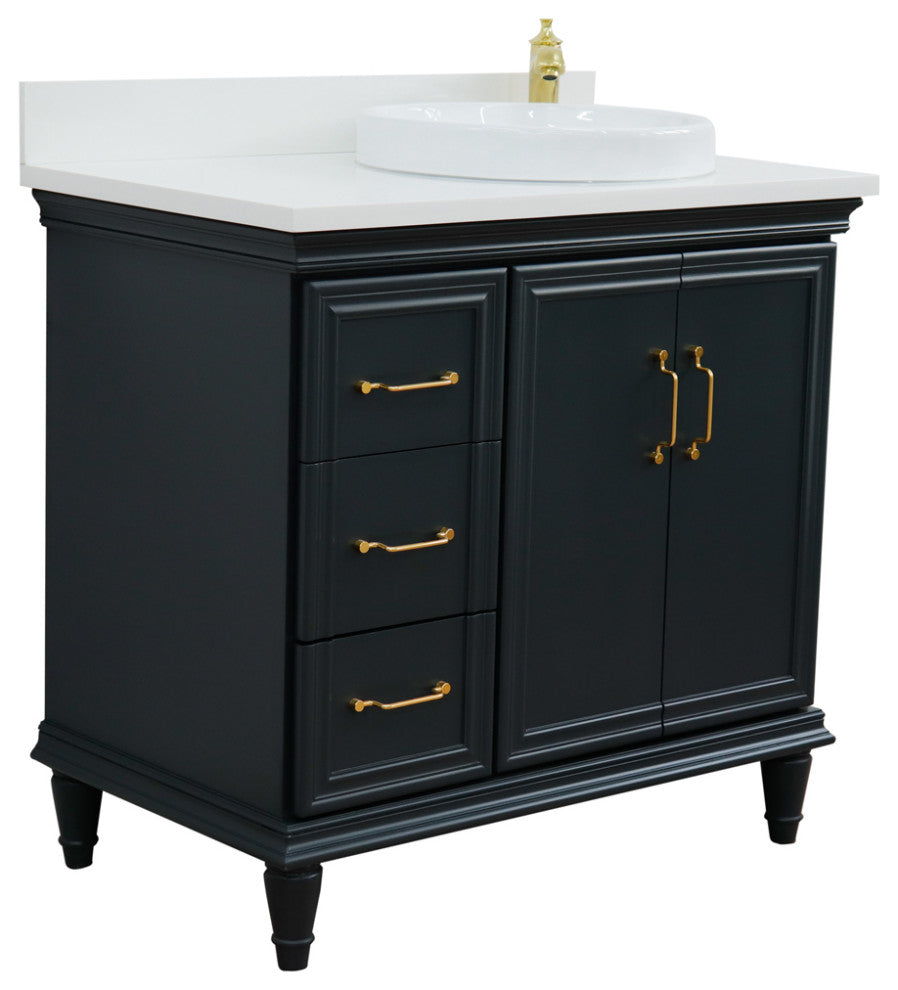 37" Single Vanity, Dark Gray Finish With White Engineered Stone Top