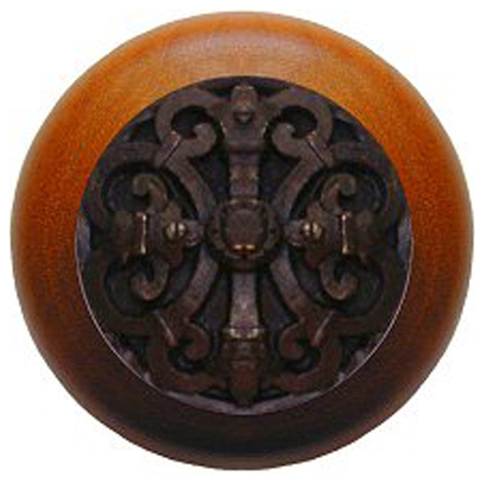 Chateau Wood Knob, Antique Brass, Cherry Wood Finish, Dark Brass
