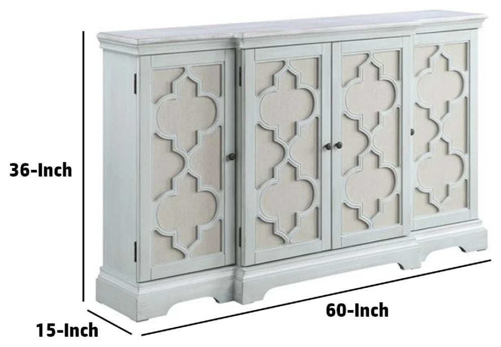 Benzara BM273236 4 Door Buffet Cabinet Console Table, Quatrefoil, Antique Blue