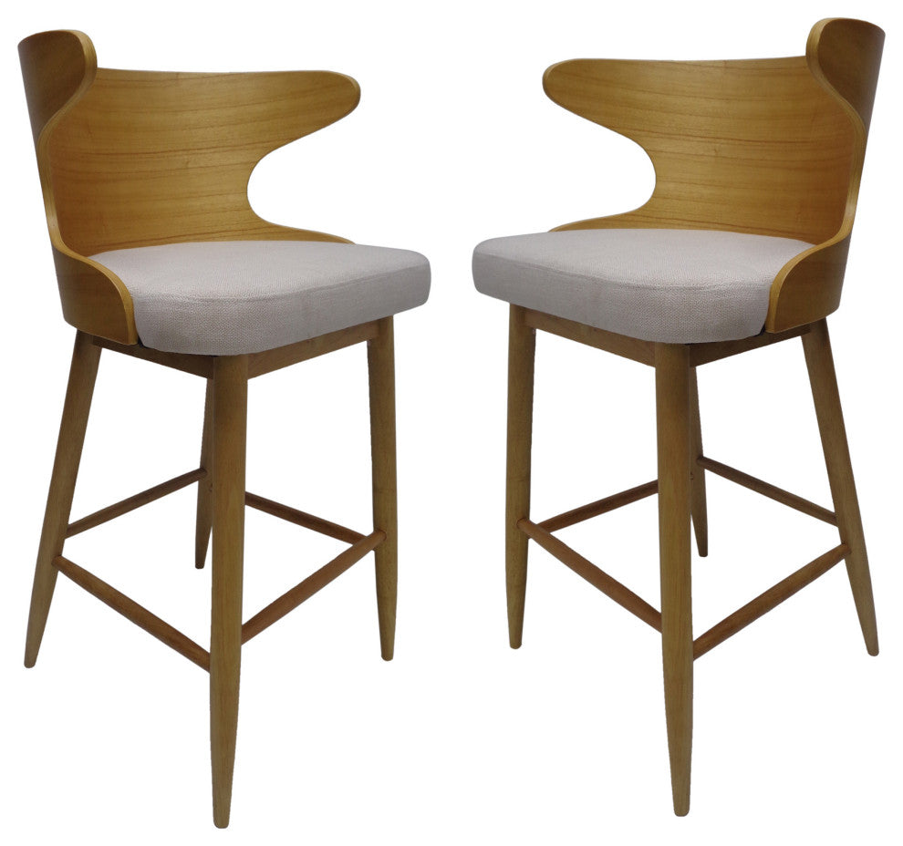 GDF Studio Truda Mid Century Modern Fabric Barstools, Set of 2, Light Beige/Natural