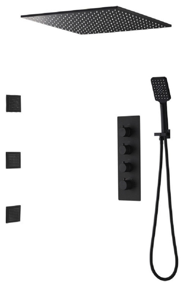 Black Shower System Large Rainfall Shower Head with Hand Shower and 3 Body Jets, 16 Inches With Thermostatic Shower Valve