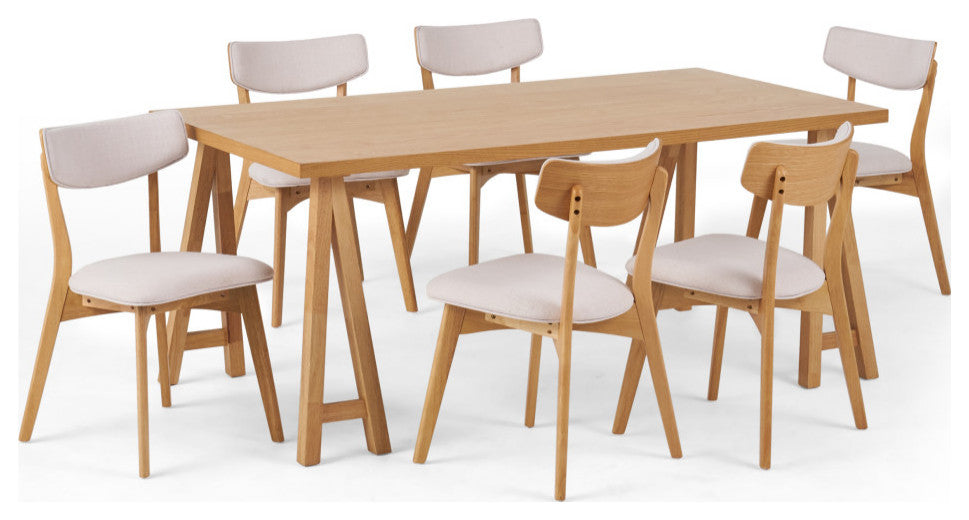 Anakin Mid-Century Modern 7-Piece Dining Set, Light Beige/Natural Oak