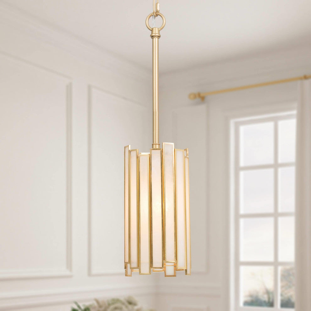 LNC 1-Light Modern Cylinder/Drum Glass Kitchen Pendant Lighting, White & Gold