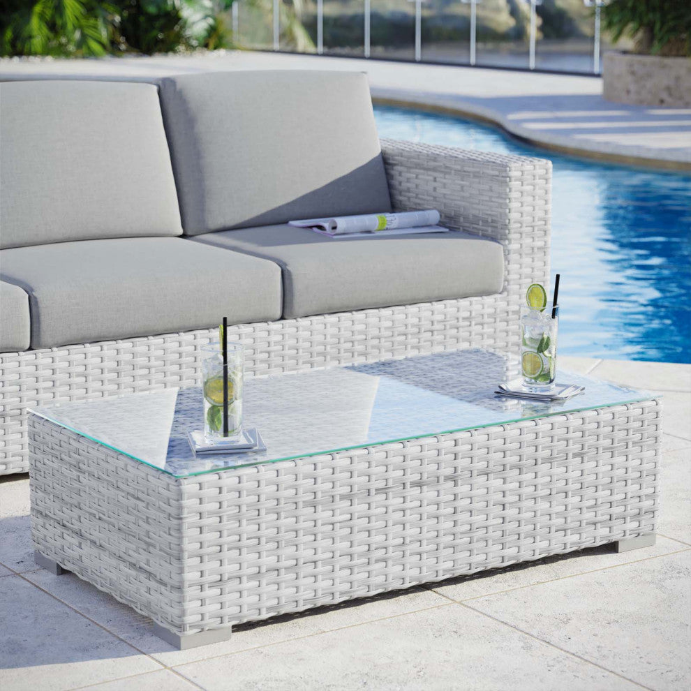 Lounge Coffee Table, Rectangular, Rattan, Wicker, Gray, Modern, Outdoor