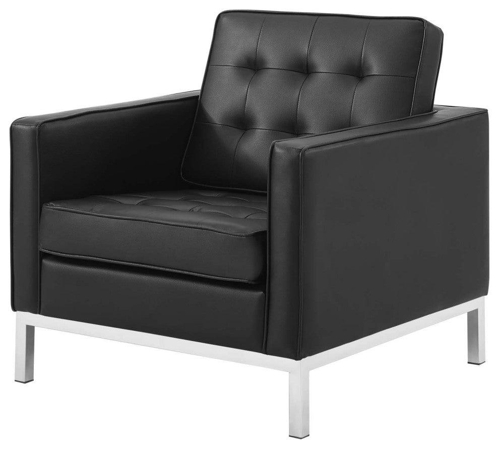 Tufted Armchair and Sofa Set, Faux Leather, Silver Black, Modern, Lounge