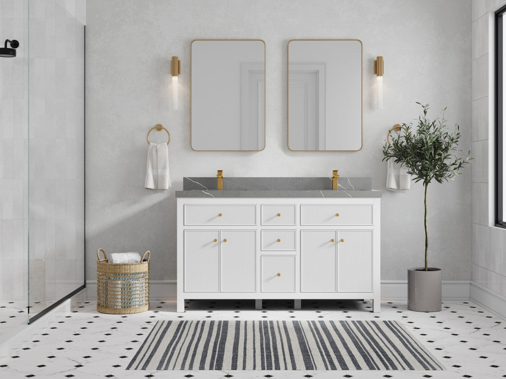Sonoma 60 Double Sink Reeded Bathroom Vanity in White 2" Piatra Gray