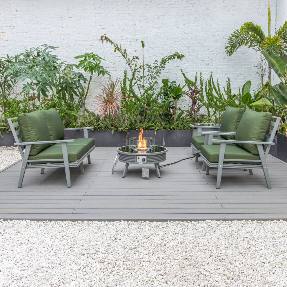 LeisureMod Walbrooke Patio Sofa Set With Round Fire Pit Table, Green