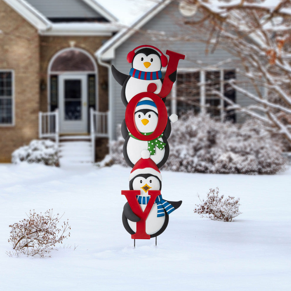 42"H Metal JOY Penguin Yard Stake or Wall Decor
