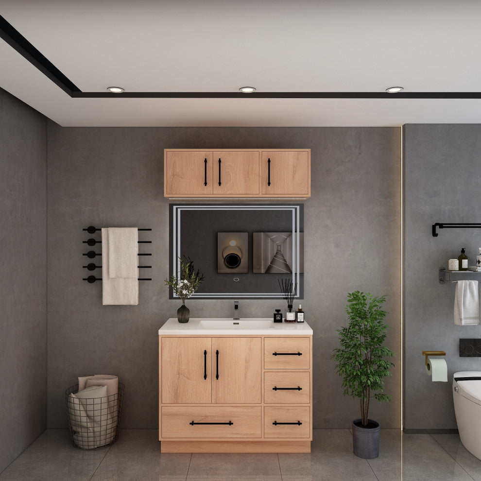 Victoria 42" Solid Wood Bath Vanity, Overhead Cabinet, Red Oak