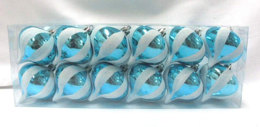 Aqua Onion Ornament With White Glitter Stripes 12-Pack