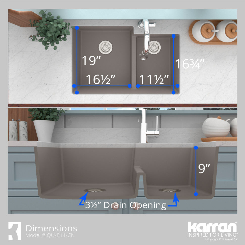 Karran 32" Undermount Double Bowl 60/40 Quartz Kitchen Sink Kit, Concrete