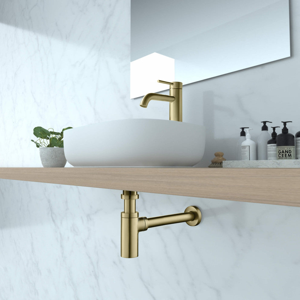 Kibi Bathroom Sink Decorative Round Bottle Trap, Brush Gold