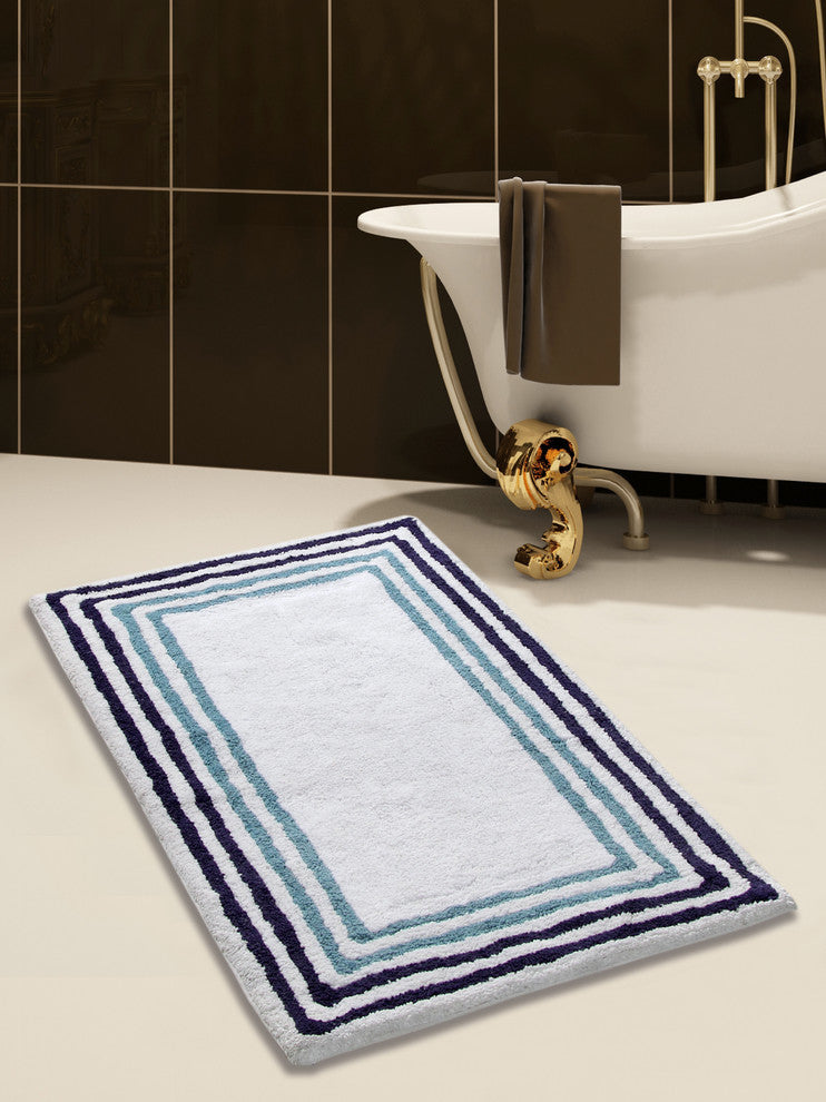 Bath Rug Cotton, 2 Piece Set, 34"x21" and 36"x24", White and Multi Blue