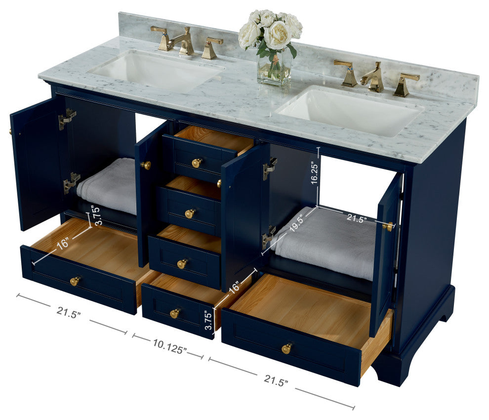 Audrey Vanity Set, Heritage Blue, 60", Gold Hardware, No Mirror