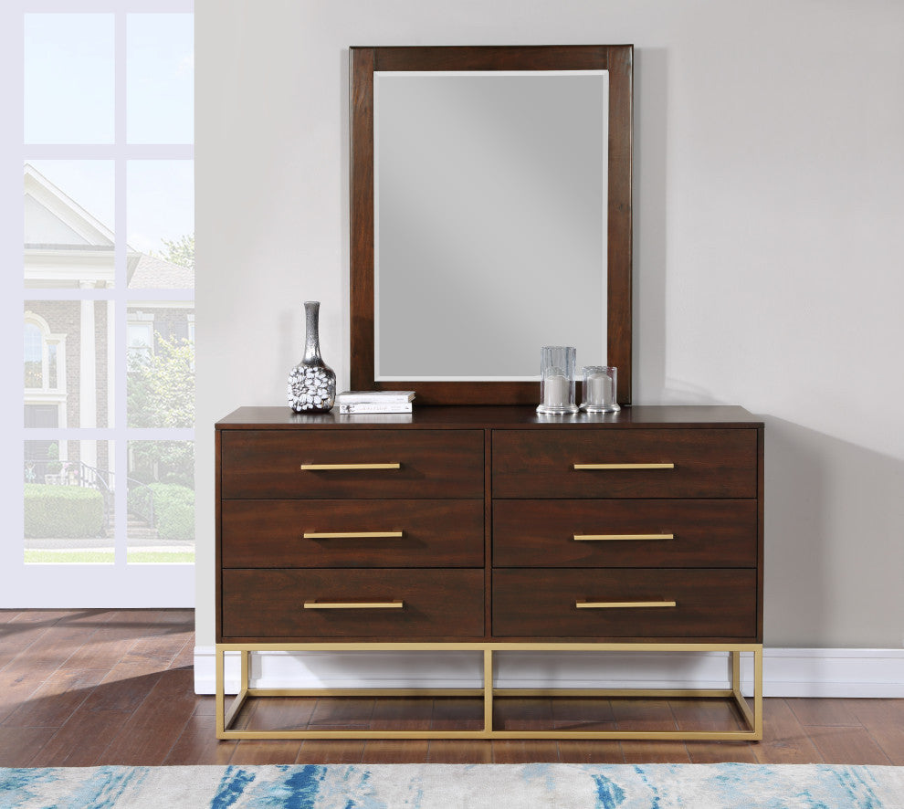 Maxine Wood Dresser With Durable Brushed Gold Metal Base, Dark Cherry Finish