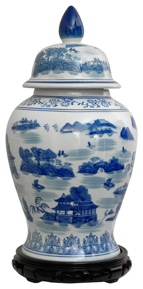 18" Landscape Blue and White Porcelain Temple Jar