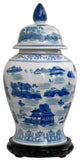 18" Landscape Blue and White Porcelain Temple Jar