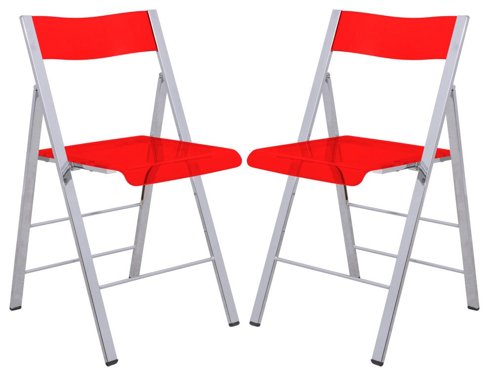 LeisureMod Menno Stackable Dining Folding Chair, Clear, Set of 2, Red