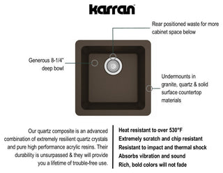 Karran Undermount Quartz Composite 17" Bar Single Bowl Sink, Brown