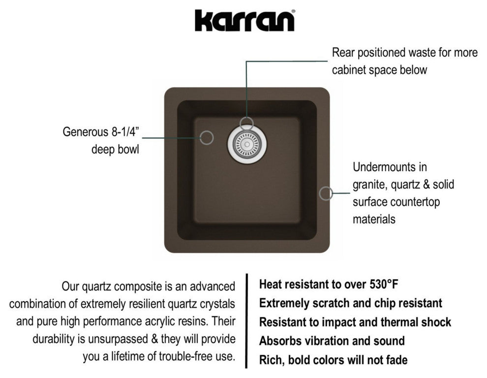 Karran Undermount Quartz Composite 17" Bar Single Bowl Sink, Brown
