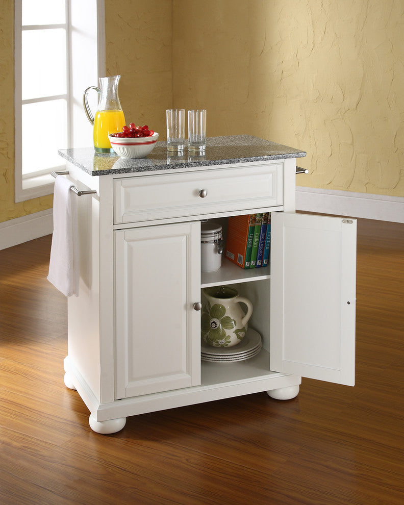 Alexandria Solid Granite Top Portable Kitchen Island, White Finish