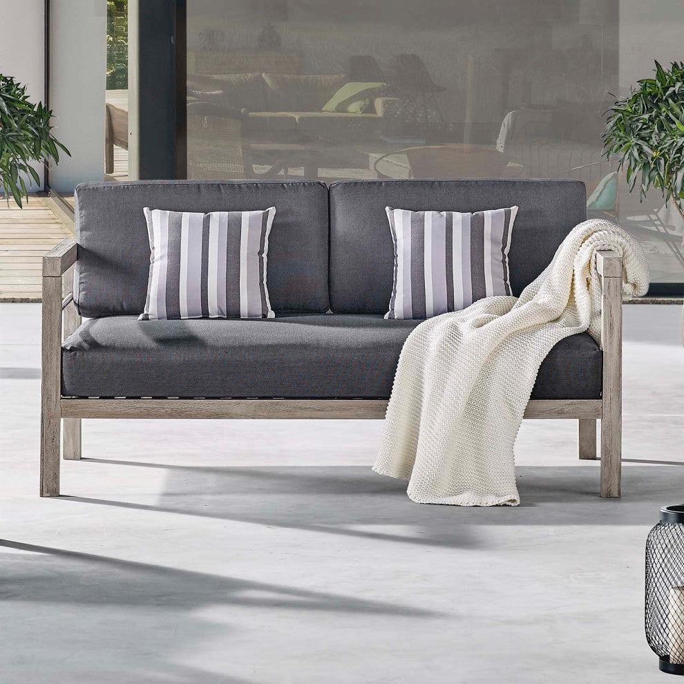 Lounge Loveseat Sofa, Wood, Gray, Outdoor Patio Balcony Cafe Bistro Garden