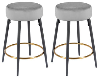 Minimalist Round Bar Stools, Grey Velvet - 2 Pcs, 24 Inch