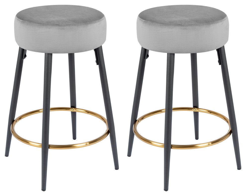 Minimalist Round Bar Stools, Grey Velvet - 2 Pcs, 24 Inch