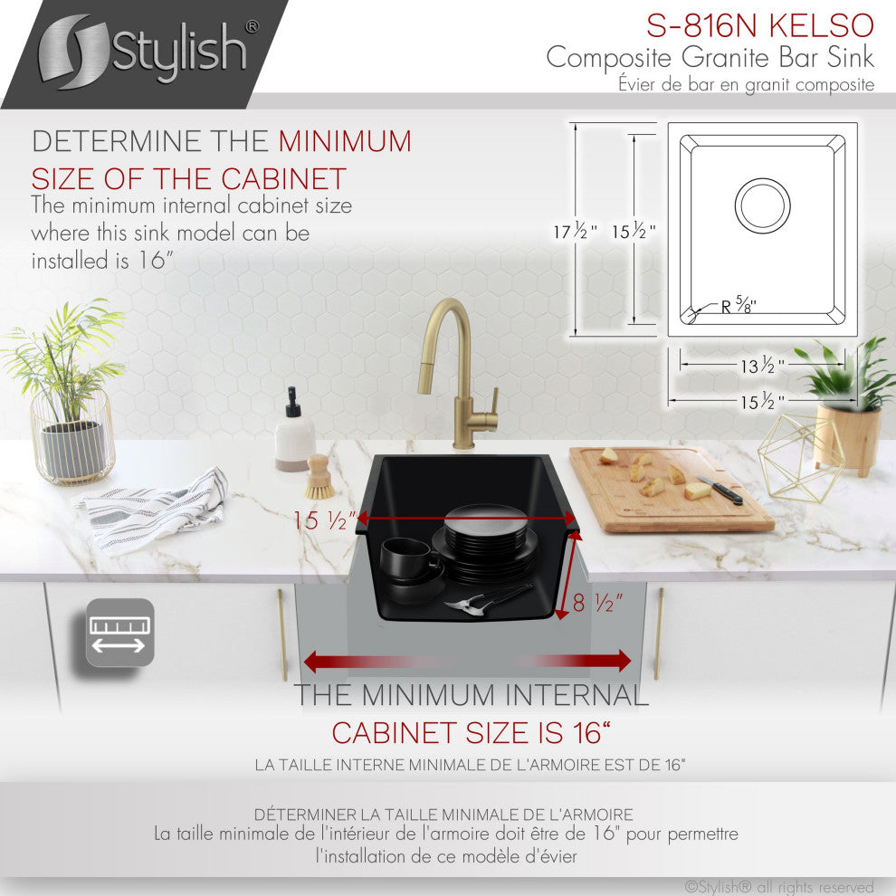 STYLISH 16"Dual Mount Single Bowl Black Granite Kitchen Sink