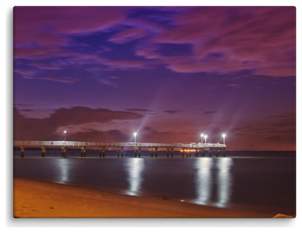 The Pier at Woodland Beach Night Photography Canvas Wall Art Print, 12" X 16"