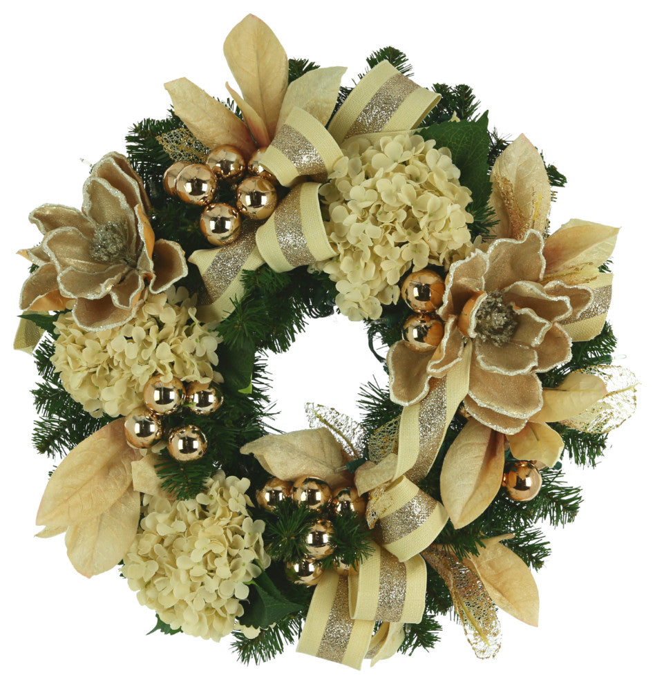 28" Evergreen Holiday Wreath with Hydrangeas, Magnolias, Bows and Lights