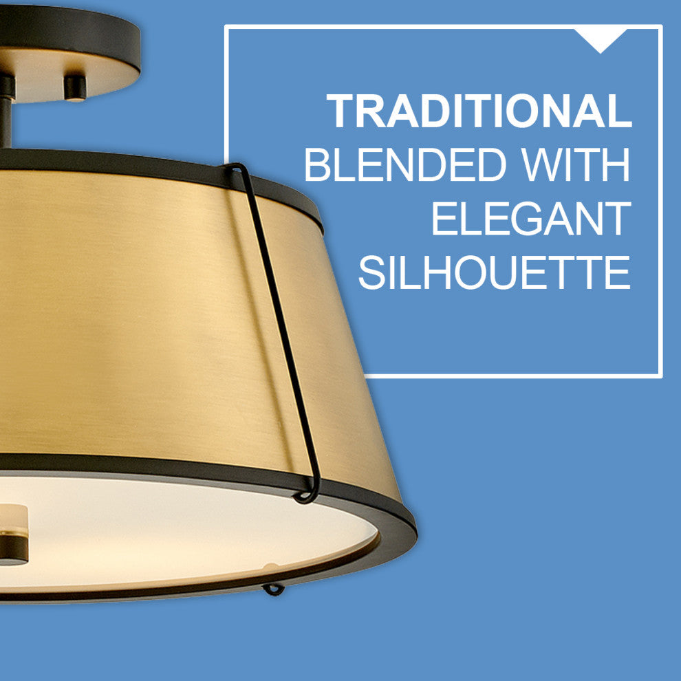 Hinkley Clarke 15" Semi-Flush Mount Ceiling Light, Lacquered Dark Brass + Black