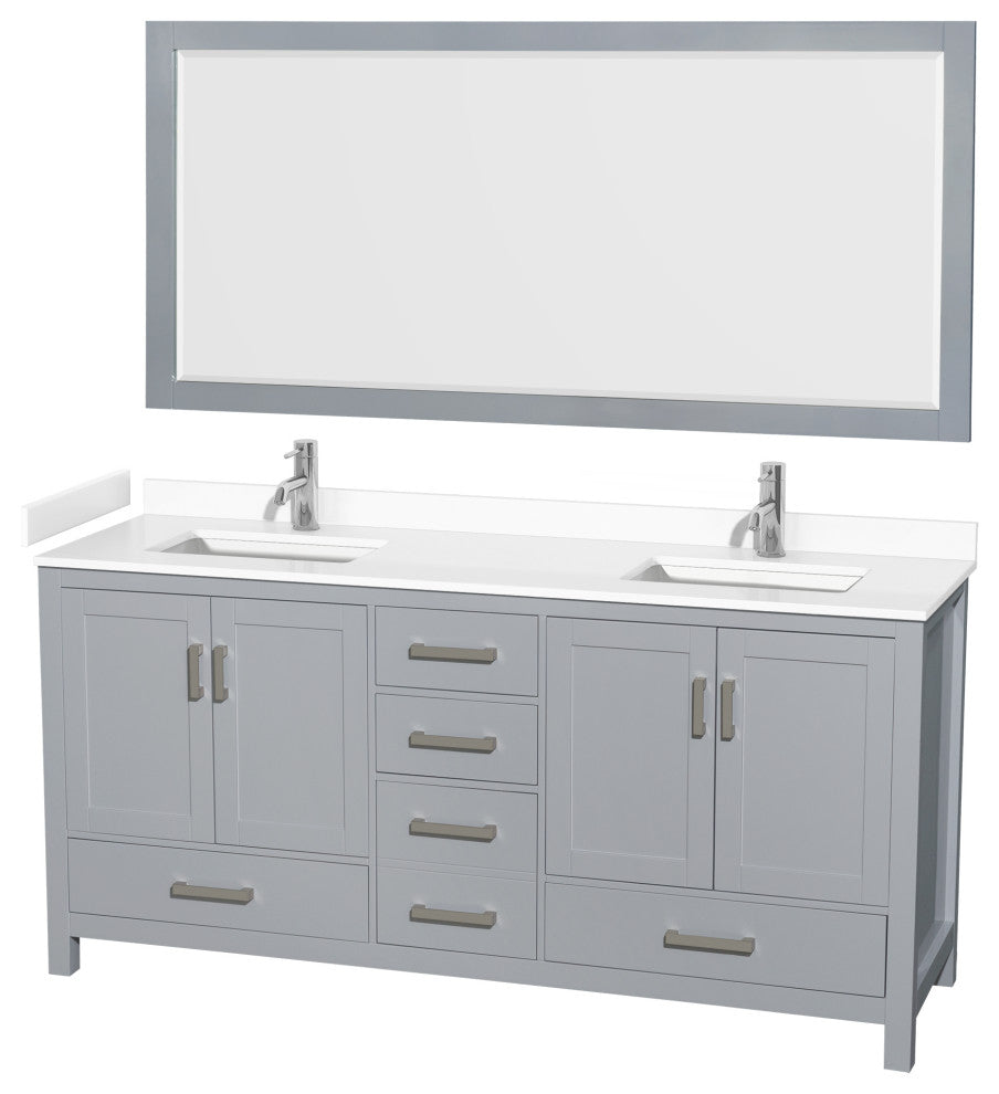 72"DBL Bathroom Vanity, Gray, White Cult. Marble Countertop, Sinks, 70" Mirror
