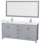 72"DBL Bathroom Vanity, Gray, White Cult. Marble Countertop, Sinks, 70" Mirror
