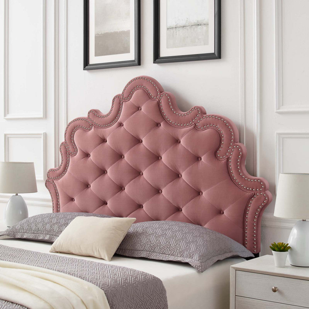 Tufted Headboard, Nailhead, King California, Pink, Velvet, Modern, Mid Century