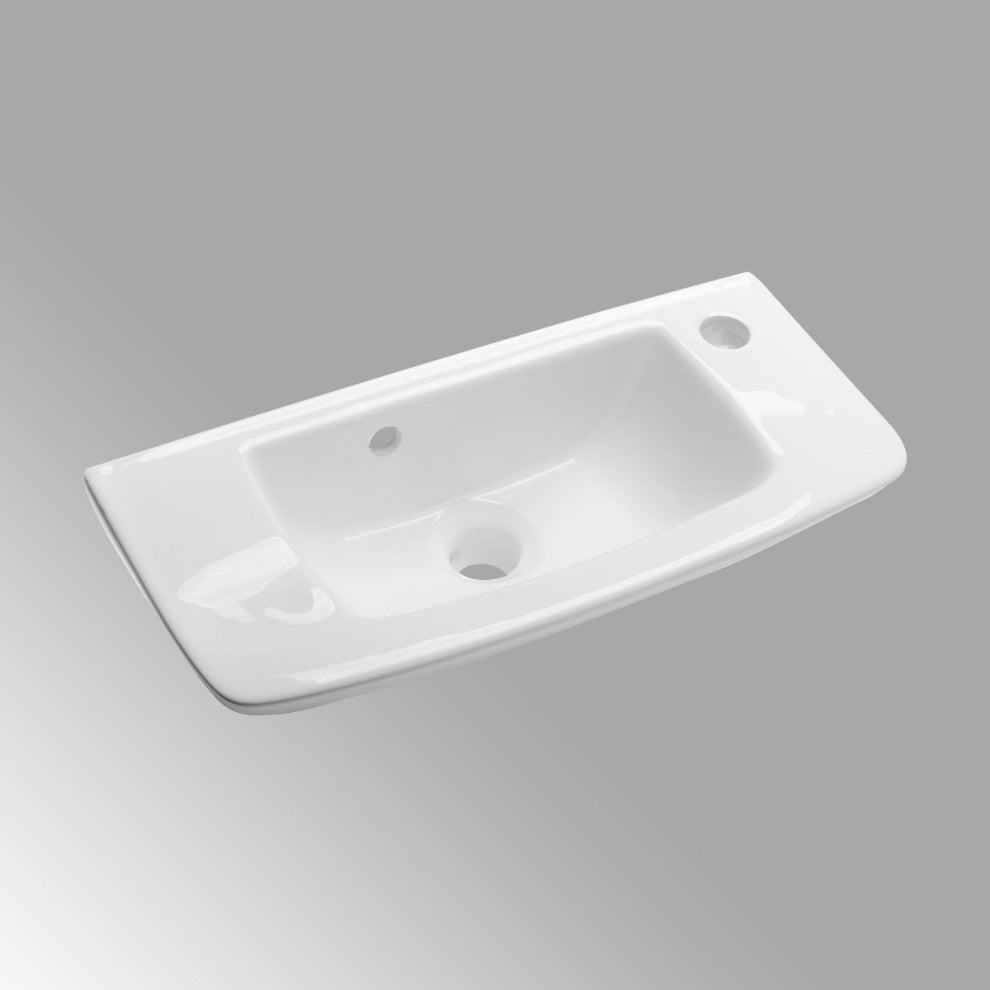 White Rectangular Wall Mount Bathroom Vessel Sink With Overflow and Faucet Holes