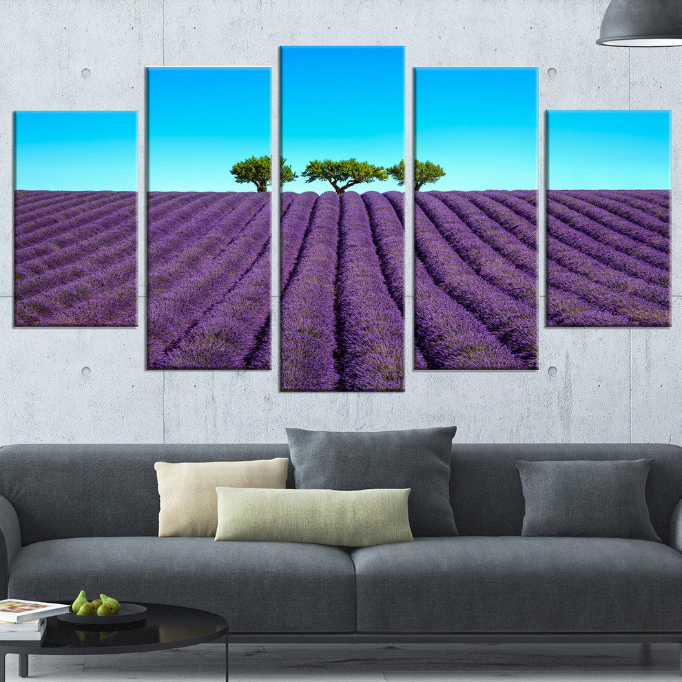 "Lavender Flowers and Uphill Green Trees" Landscape Wall Art, 5 Panels, 60"x32"