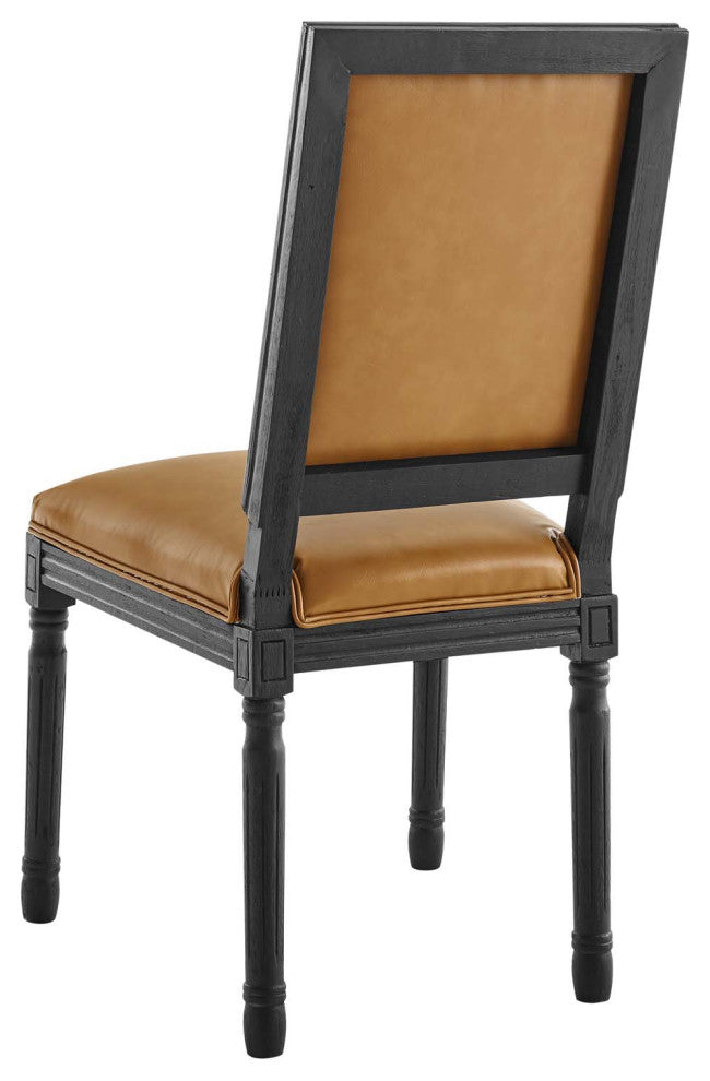 French Vintage Side Dining Chair, Faux Vegan Leather, Wood, Black Tan, Modern