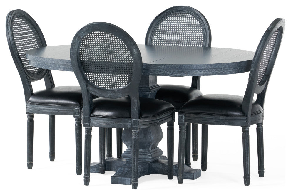 Lintz French Country Wood and Cane  5-Piece Expandable Oval Dining Set, Midnight/Gray/Gray, Faux Leather