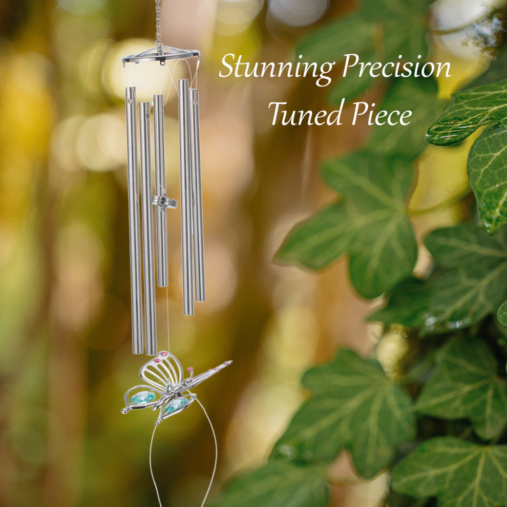 Chrome Plated Silver Color Butterfly Decorative Wind Chime With Crystals