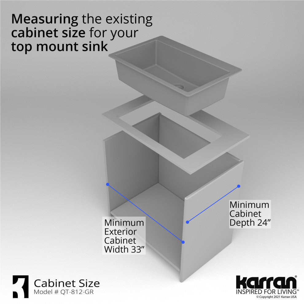 Karran QT-812 Top Mount 33" Large Single Bowl Quartz Sink Kit, Grey