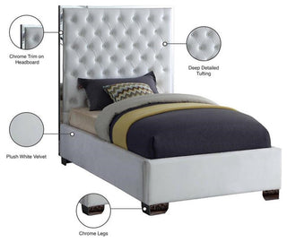 Maklaine 58.5'H x 44'W x 81.5'D Solid Wood and Velvet Twin Bed in White