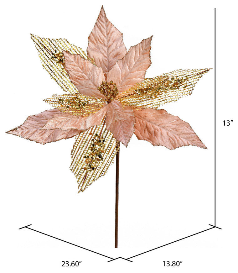 Poinsettia Mesh Glitter Aritificial Christmas Spray , Rose Gold, 13"
