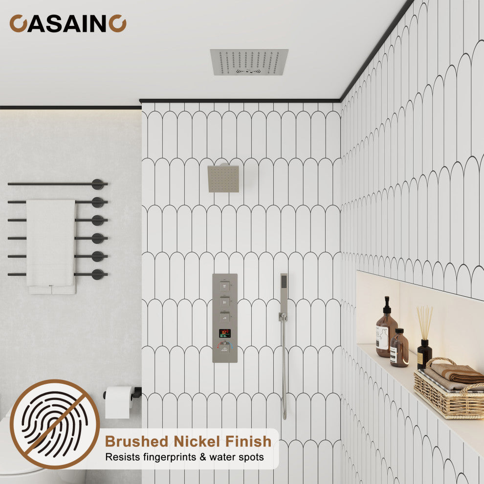 12inch Luxury Shower Dual Shower Head System With LED Light and Bluetooth, Brushed Nickel