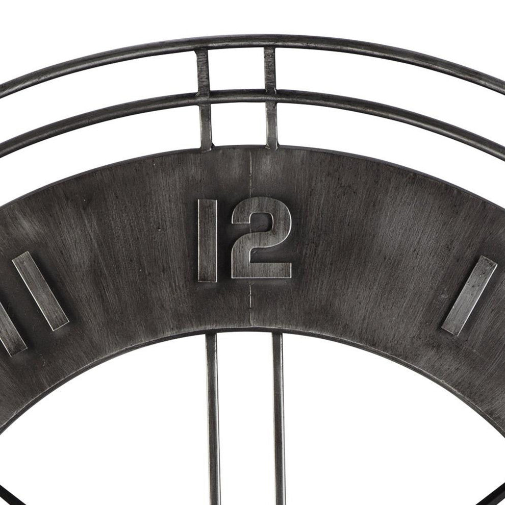 Benzara BM209373 Industrial Round Metal Wall Clock With Roman Numerals, Gray